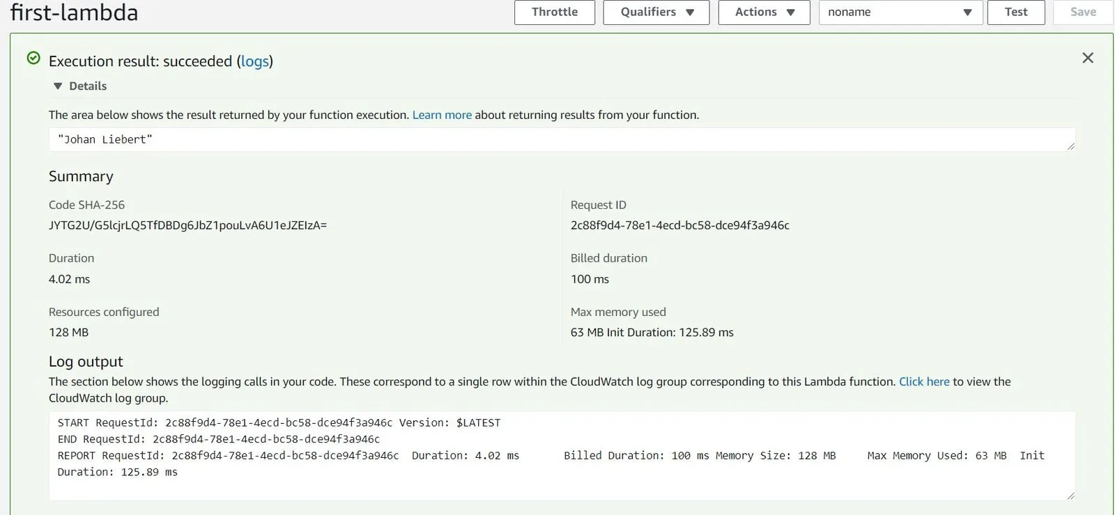 Lambda execution result